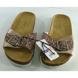 NWT Via Rosa Women's Footbed slide Sandals Size 6 Rose gold bling buckle slip on